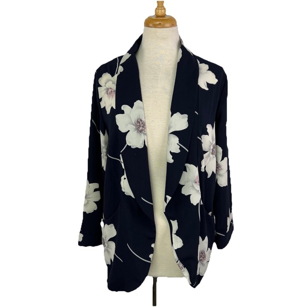 Sienna Sky Sz Medium Light Weight Open Front Blazer Jacket Navy and White Floral